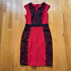 Melonie T Dress 10 Red Black Lace Sheath Bodycon Cocktail Midi Party Valentines